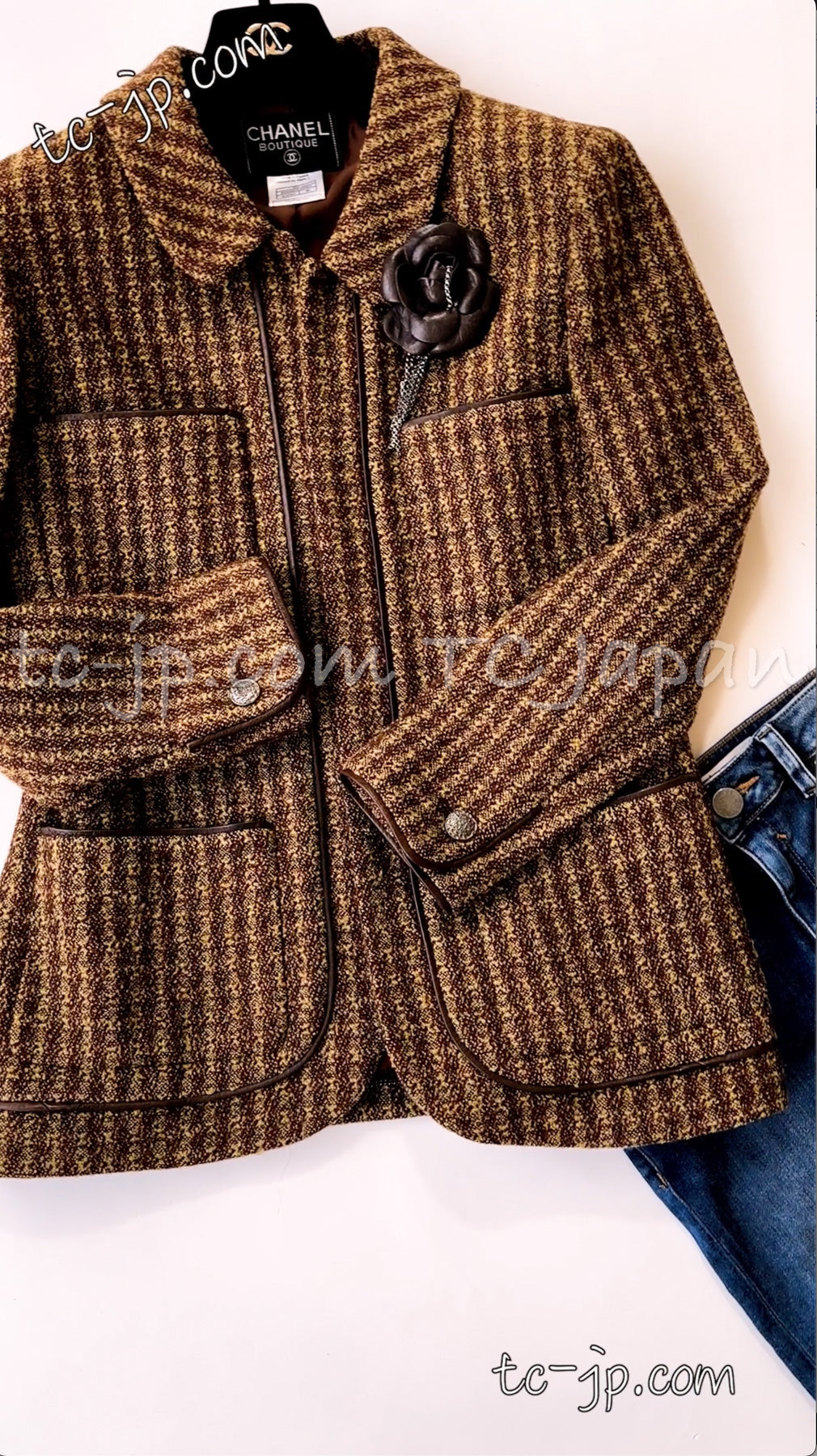 CHANEL 97A Vintage Olive Brown Wool Leather Trim Tweed Jacket 40 42 シャネル オリーブ ブラウン ウール レザー トリム ツイード ジャケット 即発