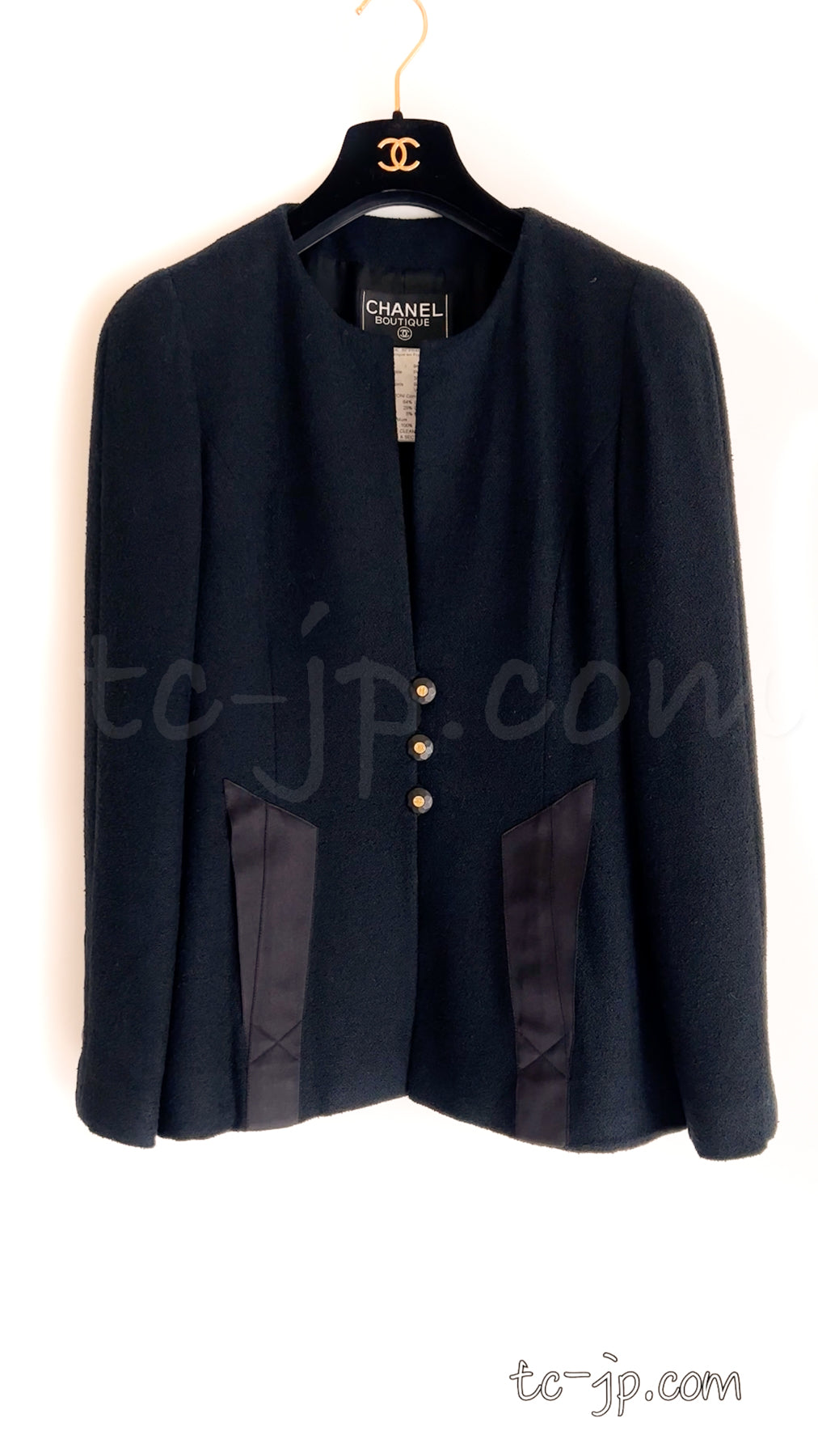 CHANEL 94S Vintage Navy Black Wool Cotton Supermodel Jacket 38 シャネル ヴィンテージ ネイビー ブラック ウール コットン スーパーモデル ジャケット 即発