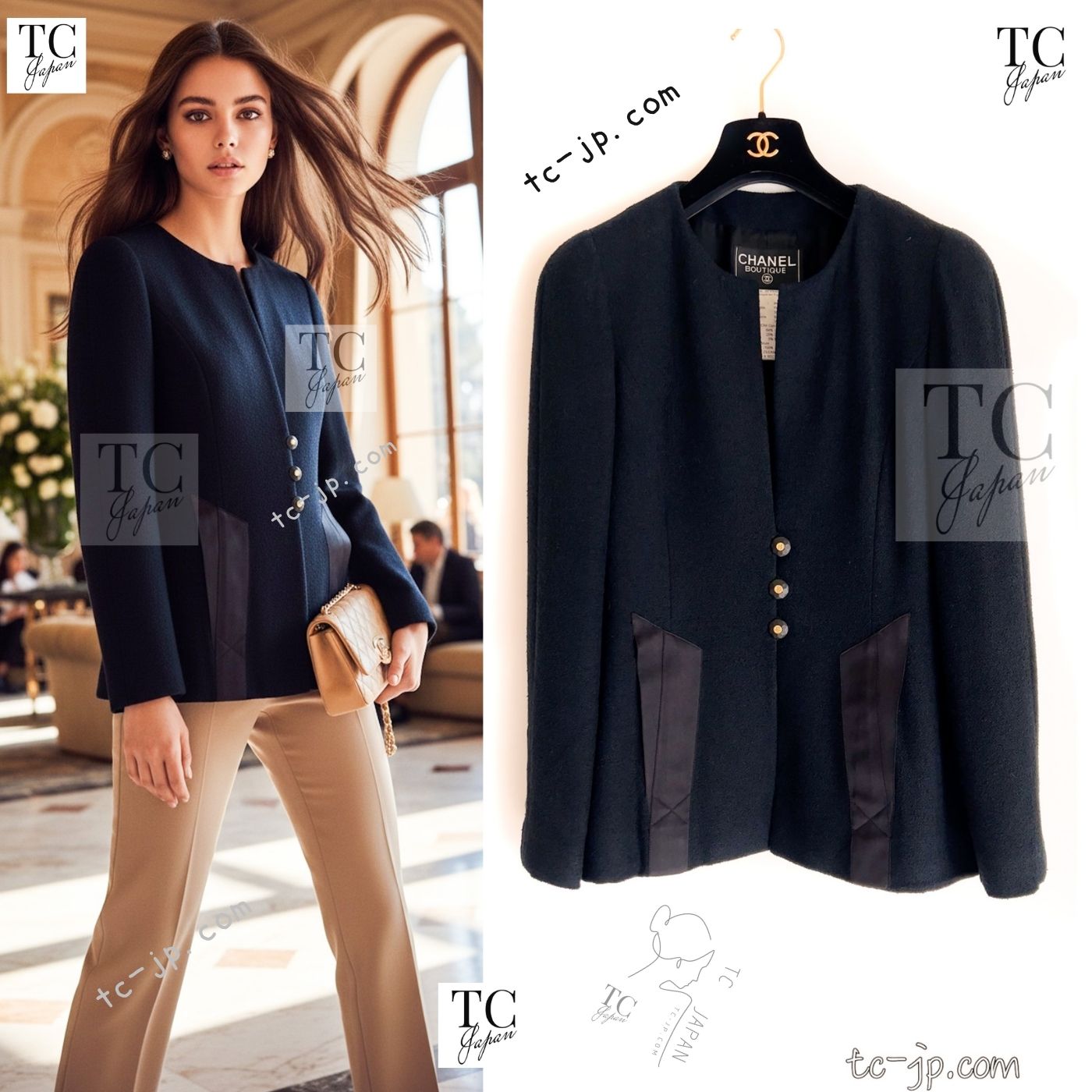 CHANEL 94S Vintage Navy Black Wool Cotton Supermodel Jacket 38 シャネル ヴィンテージ ネイビー ブラック ウール コットン スーパーモデル ジャケット 即発