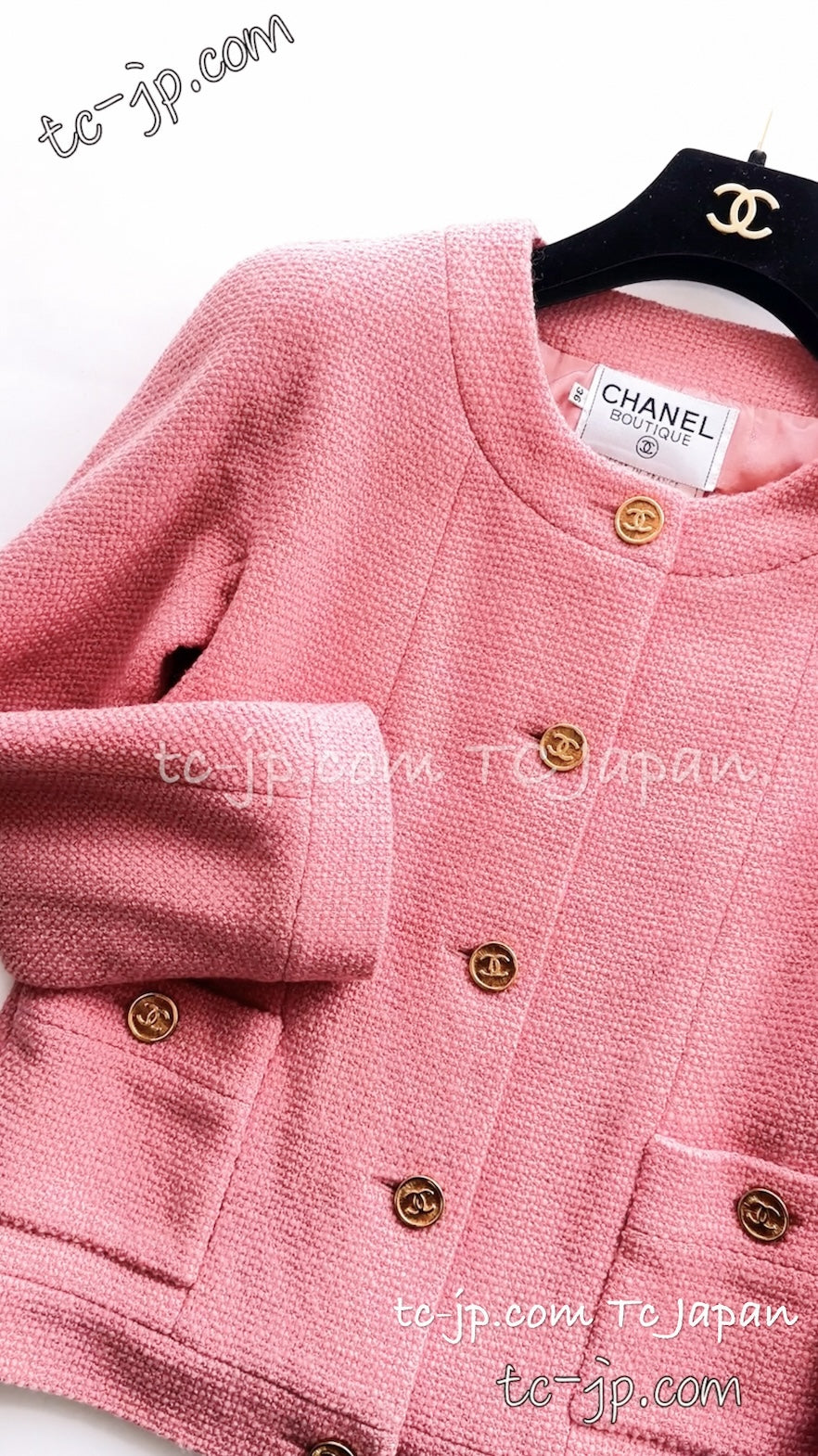 CHANEL 91A Vintage Baby Pink Wool Gold CC Logo Button Tweed Jacket 36 38 シャネル ヴィンテージ ベビーピンク ウール ゴールド CC ココロゴボタン ジャケット 即発