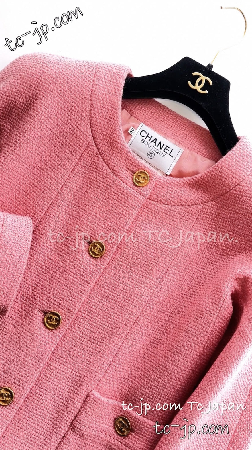 CHANEL 91A Vintage Baby Pink Wool Gold CC Logo Button Tweed Jacket 36 38 シャネル ヴィンテージ ベビーピンク ウール ゴールド CC ココロゴボタン ジャケット 即発