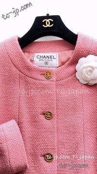 CHANEL 91A Vintage Baby Pink Wool Gold CC Logo Button Tweed Jacket 36 38 シャネル ヴィンテージ ベビーピンク ウール ゴールド CC ココロゴボタン ジャケット 即発