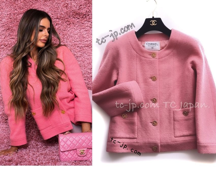 CHANEL 91A Vintage Baby Pink Wool Gold CC Logo Button Tweed Jacket 36 38 シャネル ヴィンテージ ベビーピンク ウール ゴールド CC ココロゴボタン ジャケット 即発 - TC JAPAN