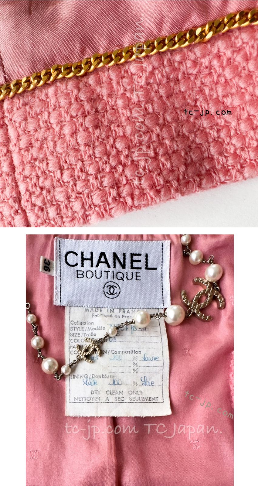 CHANEL 91A Vintage Baby Pink Wool Gold CC Logo Button Tweed Jacket 36 38 シャネル ヴィンテージ ベビーピンク ウール ゴールド CC ココロゴボタン ジャケット 即発 - TC JAPAN