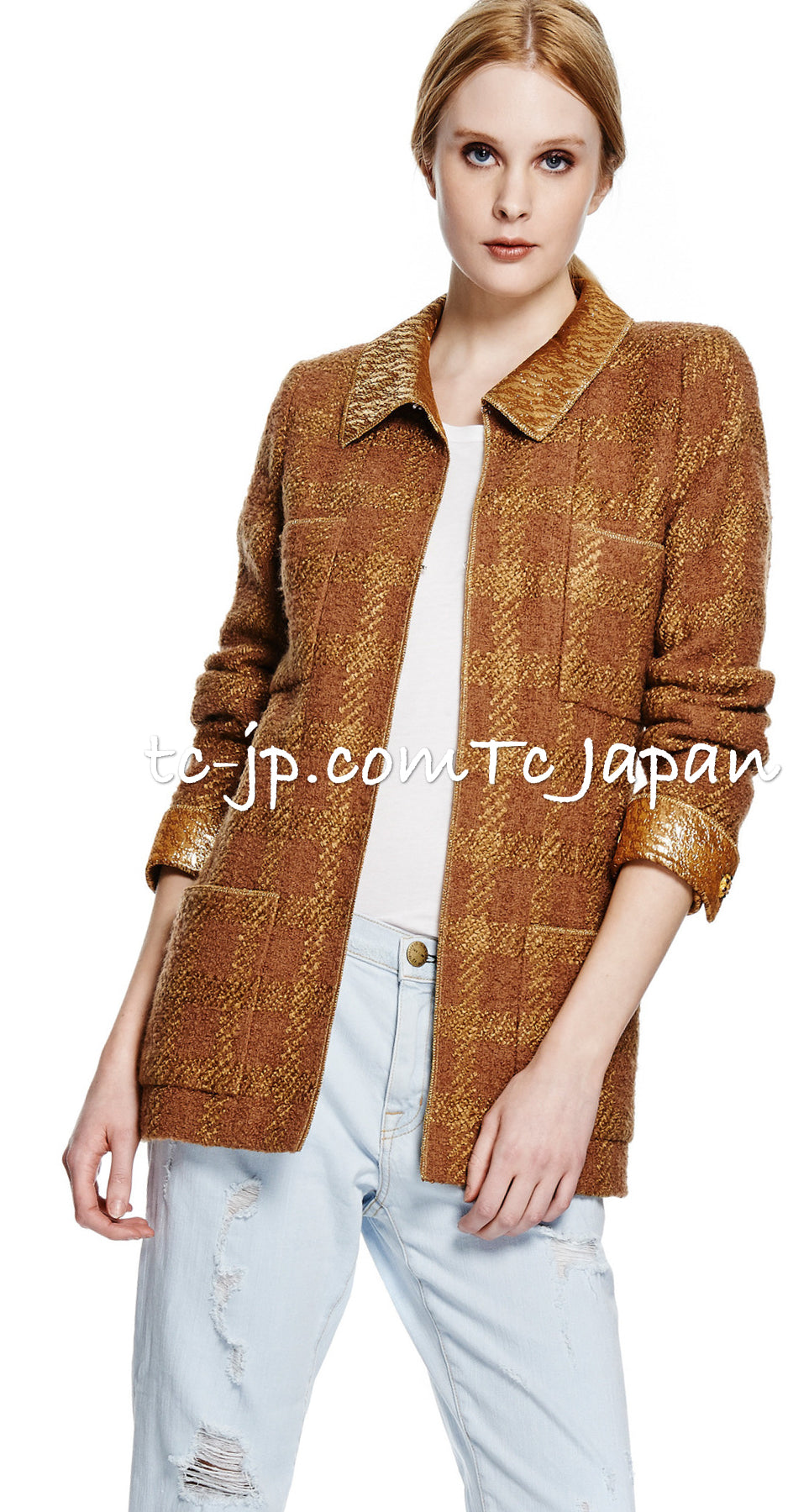 CHANEL 96A Vintage Brown Olive Beige Gold Gripox Button Tweed Jacket Dress Setup 34 38 シャネル ヴィンテージ ブラウン オリーブ ベージュ ゴールド襟 グリポワ宝石ボタン ジャケット ワンピース セットアップ 即発