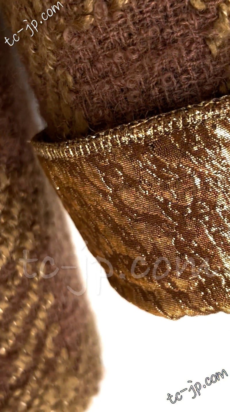 CHANEL 96A Vintage Brown Olive Beige Gold Gripox Button Tweed Jacket Dress Setup 34 38 シャネル ヴィンテージ ブラウン オリーブ ベージュ ゴールド襟 グリポワ宝石ボタン ジャケット ワンピース セットアップ 即発