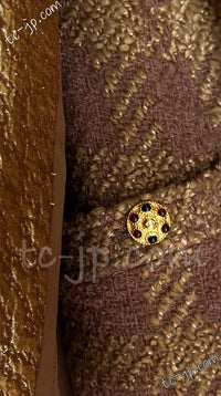 CHANEL 96A Vintage Brown Olive Beige Gold Gripox Button Tweed Jacket Dress Setup 34 38 シャネル ヴィンテージ ブラウン オリーブ ベージュ ゴールド襟 グリポワ宝石ボタン ジャケット ワンピース セットアップ 即発