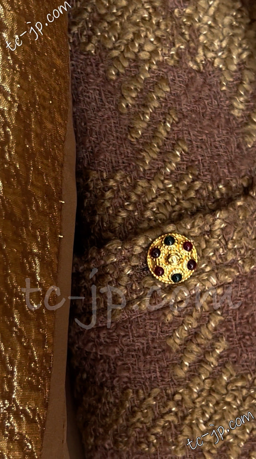 CHANEL 96A Vintage Brown Olive Beige Gold Gripox Button Tweed Jacket Dress Setup 34 38 シャネル ヴィンテージ ブラウン オリーブ ベージュ ゴールド襟 グリポワ宝石ボタン ジャケット ワンピース セットアップ 即発