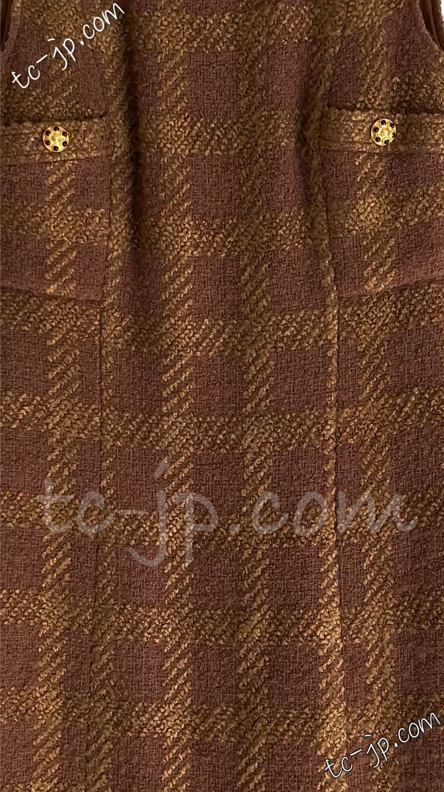 CHANEL 96A Vintage Brown Olive Beige Gold Gripox Button Tweed Jacket Dress Setup 34 38 シャネル ヴィンテージ ブラウン オリーブ ベージュ ゴールド襟 グリポワ宝石ボタン ジャケット ワンピース セットアップ 即発