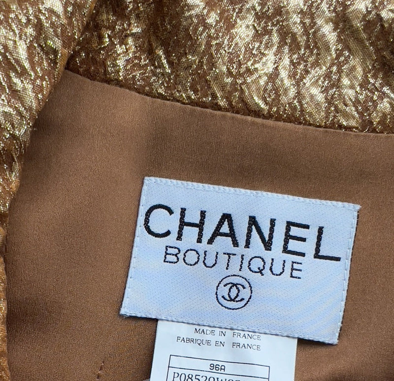 CHANEL 96A Vintage Brown Olive Beige Gold Gripox Button Tweed Jacket Dress Setup 34 38 シャネル ヴィンテージ ブラウン オリーブ ベージュ ゴールド襟 グリポワ宝石ボタン ジャケット ワンピース セットアップ 即発