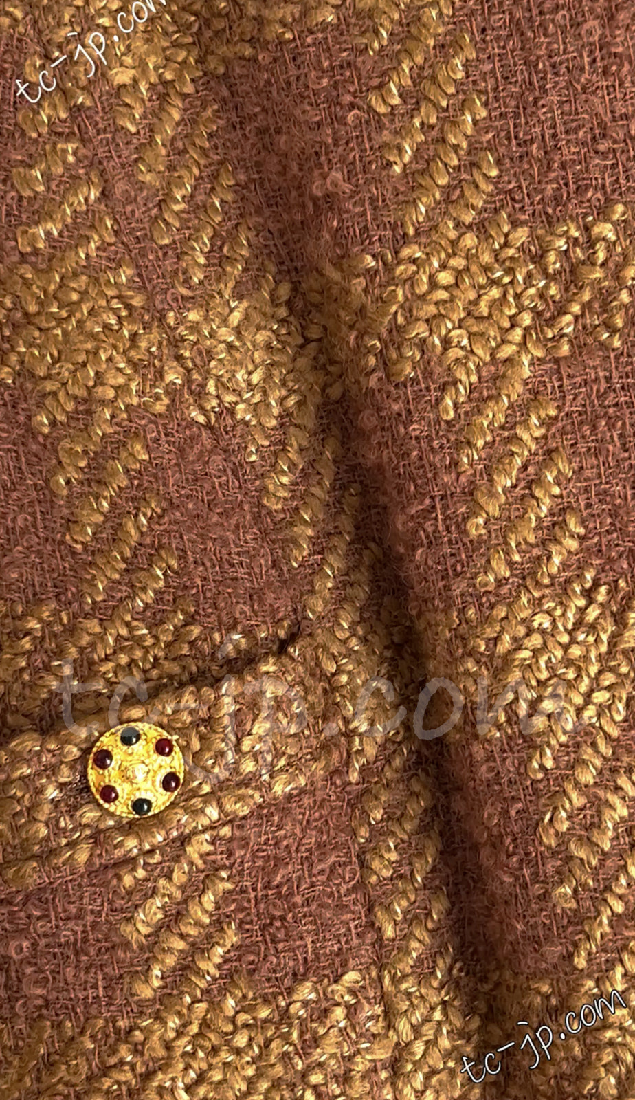 CHANEL 96A Vintage Brown Olive Beige Gold Gripox Button Tweed Jacket Dress Setup 34 38 シャネル ヴィンテージ ブラウン オリーブ ベージュ ゴールド襟 グリポワ宝石ボタン ジャケット ワンピース セットアップ 即発