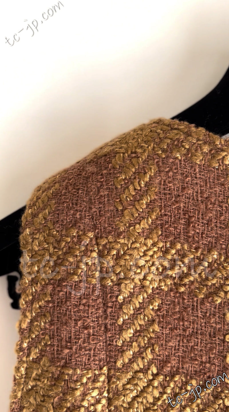 CHANEL 96A Vintage Brown Olive Beige Gold Gripox Button Tweed Jacket Dress Setup 34 38 シャネル ヴィンテージ ブラウン オリーブ ベージュ ゴールド襟 グリポワ宝石ボタン ジャケット ワンピース セットアップ 即発