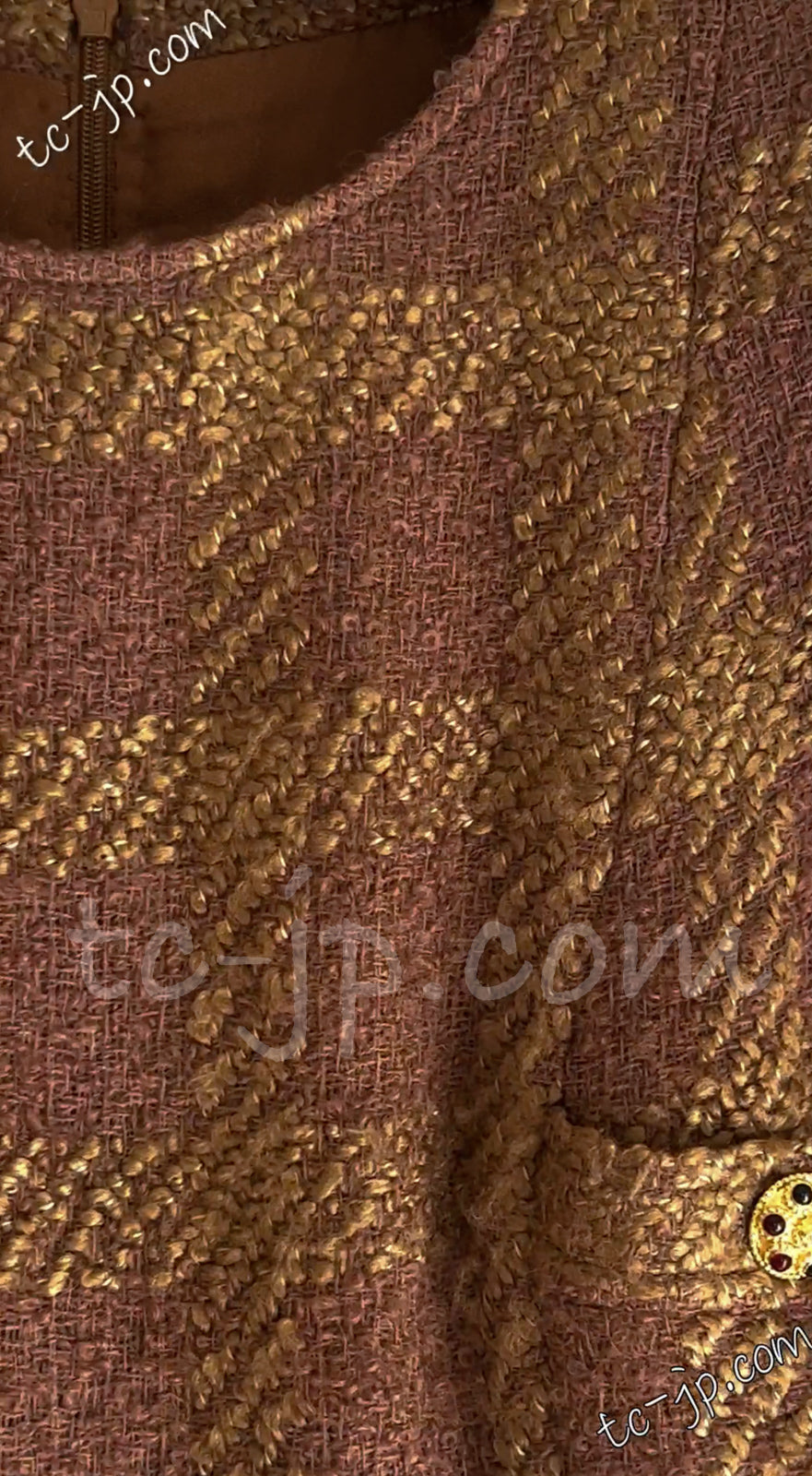 CHANEL 96A Vintage Brown Olive Beige Gold Gripox Button Tweed Jacket Dress Setup 34 38 シャネル ヴィンテージ ブラウン オリーブ ベージュ ゴールド襟 グリポワ宝石ボタン ジャケット ワンピース セットアップ 即発