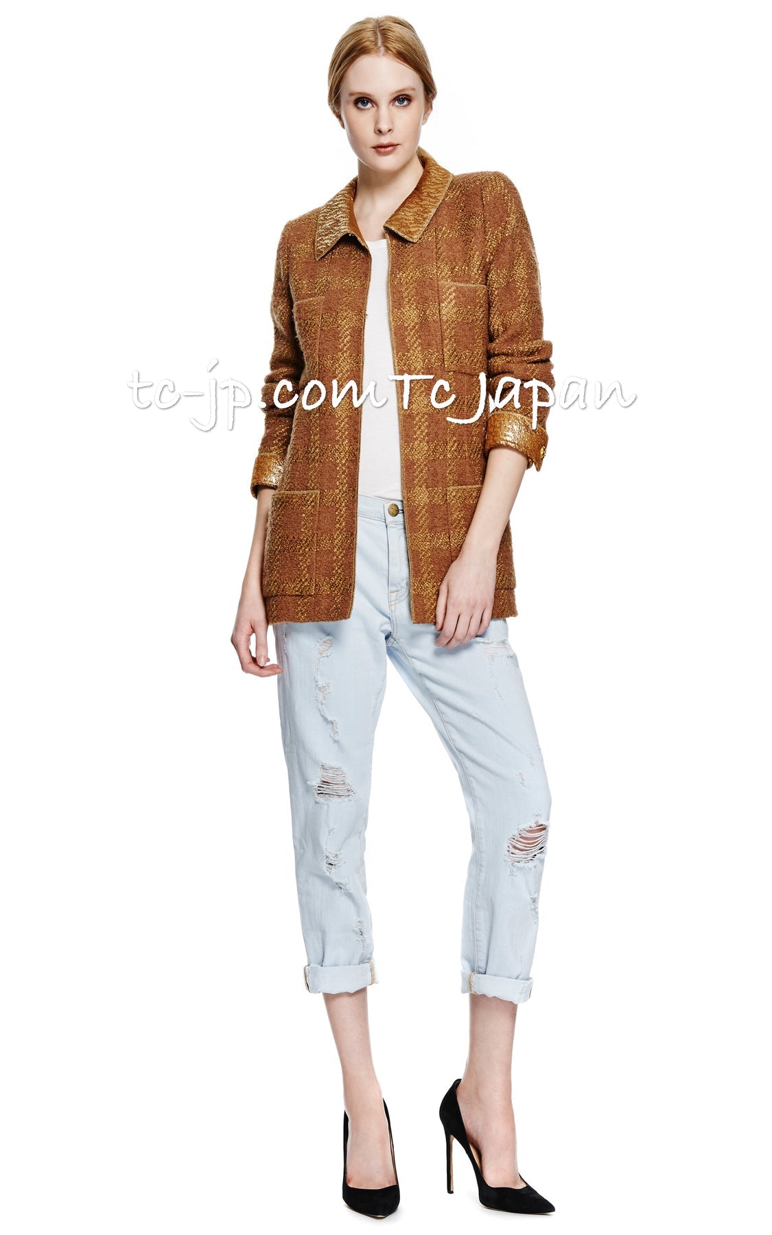 CHANEL 96A Vintage Brown Olive Beige Gold Gripox Button Tweed Jacket Dress Setup 34 38 シャネル ヴィンテージ ブラウン オリーブ ベージュ ゴールド襟 グリポワ宝石ボタン ジャケット ワンピース セットアップ 即発