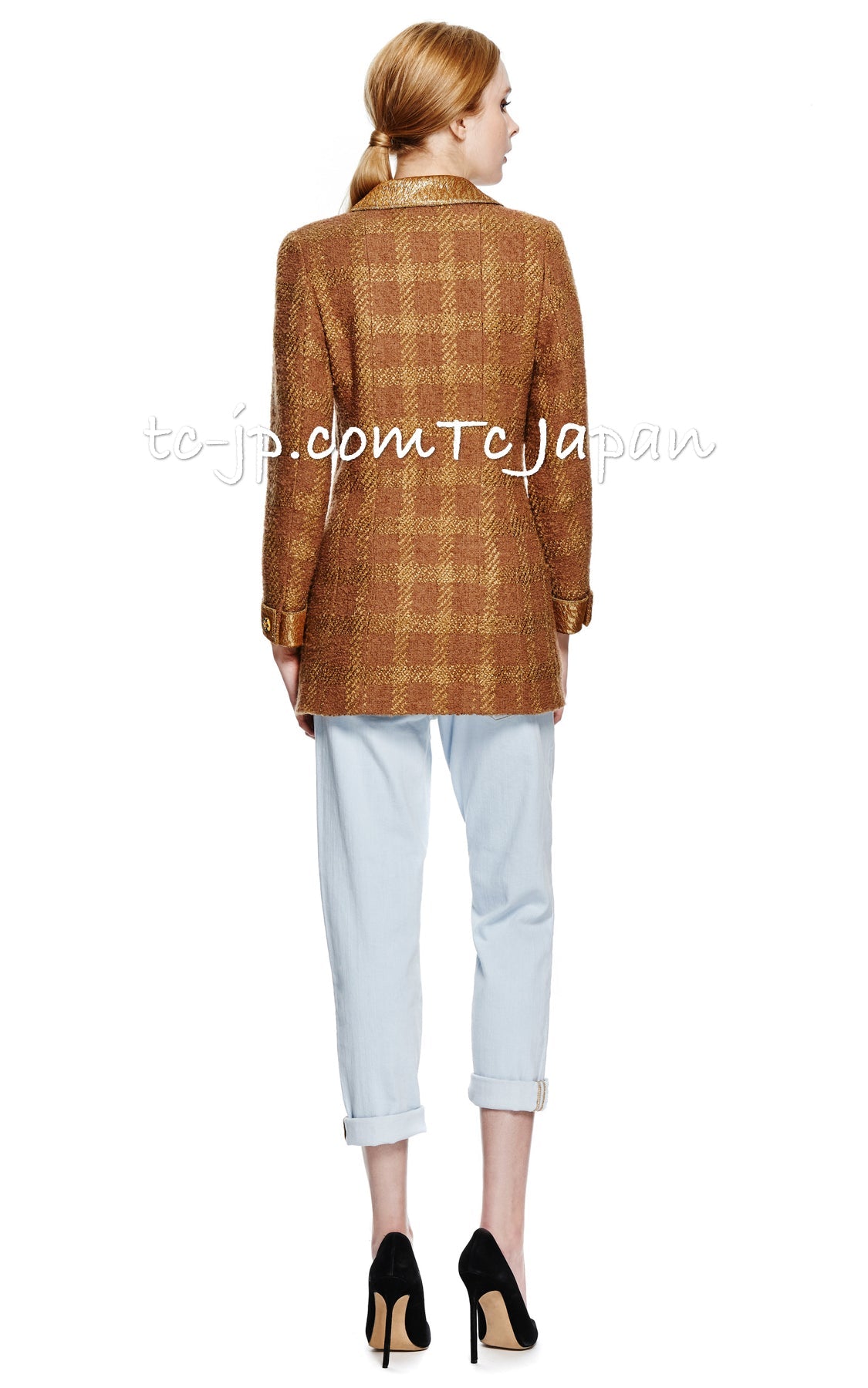 CHANEL 96A Vintage Brown Olive Beige Gold Gripox Button Tweed Jacket Dress Setup 34 38 シャネル ヴィンテージ ブラウン オリーブ ベージュ ゴールド襟 グリポワ宝石ボタン ジャケット ワンピース セットアップ 即発