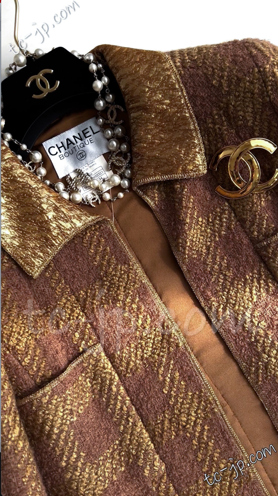 CHANEL 96A Vintage Brown Olive Beige Gold Gripox Button Tweed Jacket Dress Setup 34 38 シャネル ヴィンテージ ブラウン オリーブ ベージュ ゴールド襟 グリポワ宝石ボタン ジャケット ワンピース セットアップ 即発