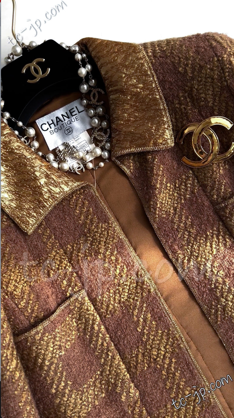 CHANEL 96A Vintage Brown Olive Beige Gold Gripox Button Tweed Jacket Dress Setup 34 38 シャネル ヴィンテージ ブラウン オリーブ ベージュ ゴールド襟 グリポワ宝石ボタン ジャケット ワンピース セットアップ 即発