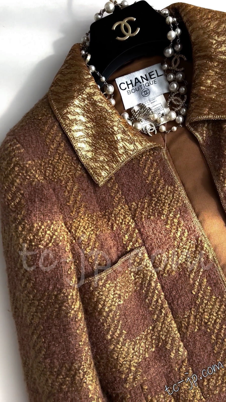 CHANEL 96A Vintage Brown Olive Beige Gold Gripox Button Tweed Jacket Dress Setup 34 38 シャネル ヴィンテージ ブラウン オリーブ ベージュ ゴールド襟 グリポワ宝石ボタン ジャケット ワンピース セットアップ 即発