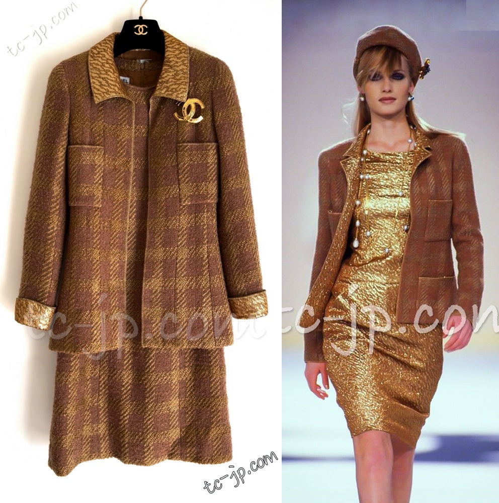 CHANEL 96A Vintage Brown Olive Beige Gold Gripox Button Tweed Jacket Dress Setup 34 38 シャネル ヴィンテージ ブラウン オリーブ ベージュ ゴールド襟 グリポワ宝石ボタン ジャケット ワンピース セットアップ 即発
