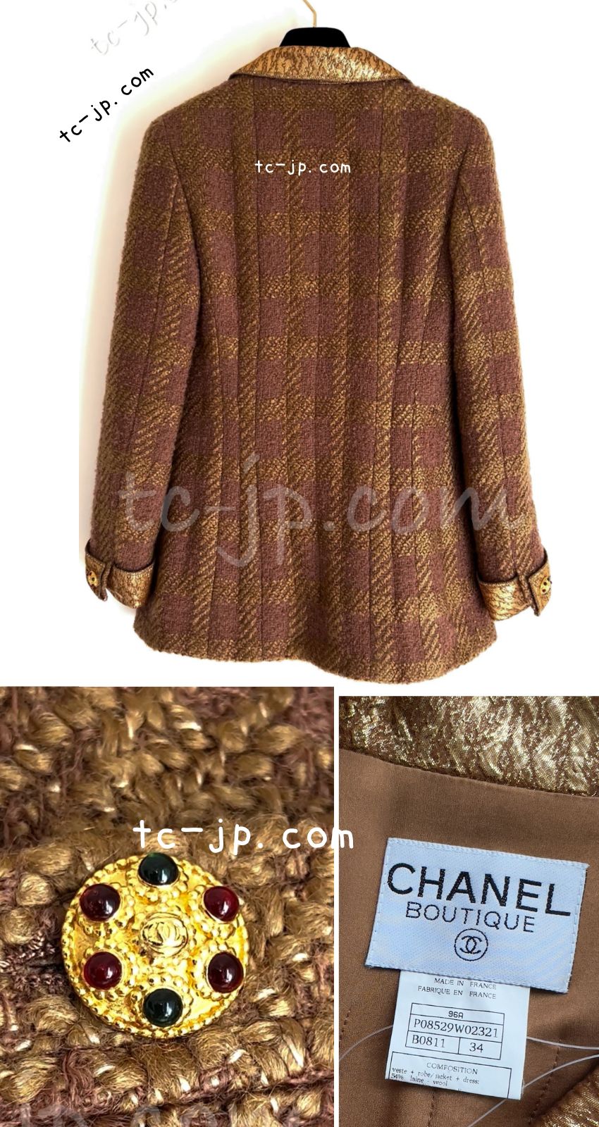 CHANEL 96A Vintage Brown Olive Beige Gold Gripox Button Tweed Jacket Dress Setup 34 38 シャネル ヴィンテージ ブラウン オリーブ ベージュ ゴールド襟 グリポワ宝石ボタン ジャケット ワンピース セットアップ 即発