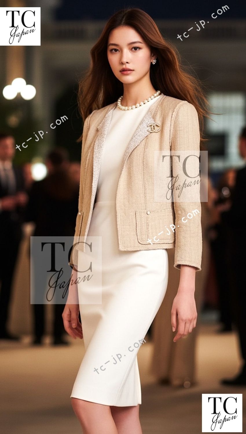 CHANEL 03S beige silk cropped cardigan jacket styled on a model