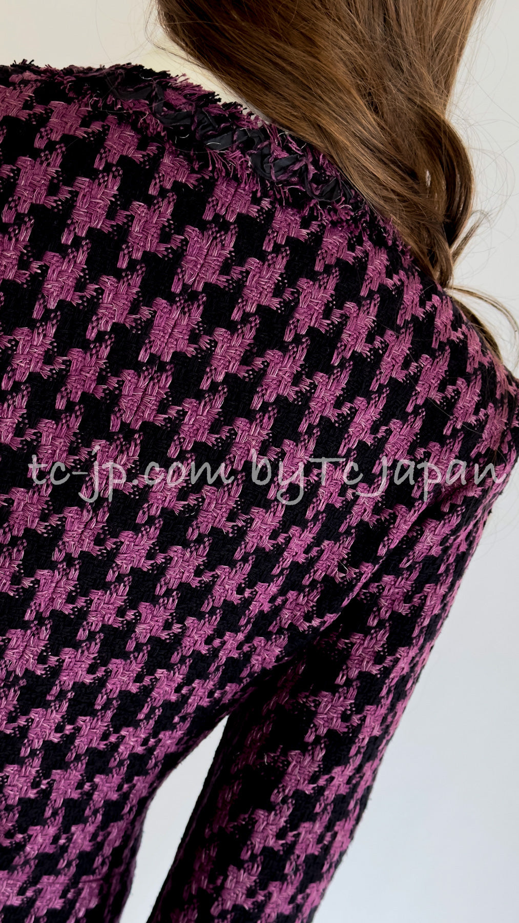 CHANEL 09S Purple Black Houndstooth Silk Tweed Jacket 38 シャネル パープル ブラック 千鳥柄 シルク ツイード ジャケット - TC JAPAN