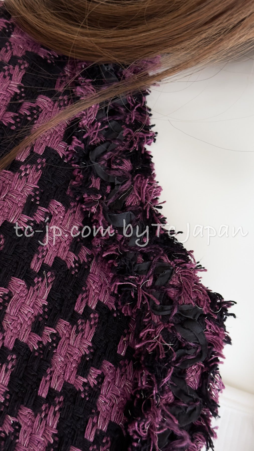 CHANEL 09S Purple Black Houndstooth Silk Tweed Jacket 38 シャネル パープル ブラック 千鳥柄 シルク ツイード ジャケット - TC JAPAN