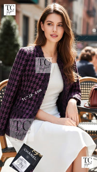 CHANEL 09S Purple Black Houndstooth Silk Tweed Jacket 38 シャネル パープル ブラック 千鳥柄 シルク ツイード ジャケット 即発