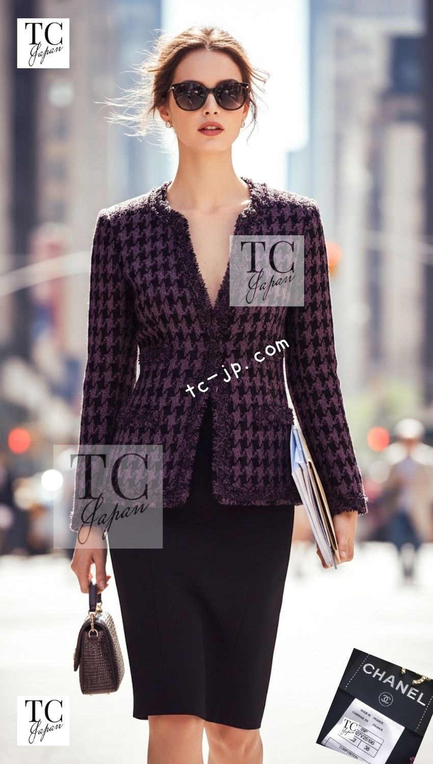 CHANEL 09S Purple Black Houndstooth Silk Tweed Jacket 38 シャネル パープル ブラック 千鳥柄 シルク ツイード ジャケット 即発