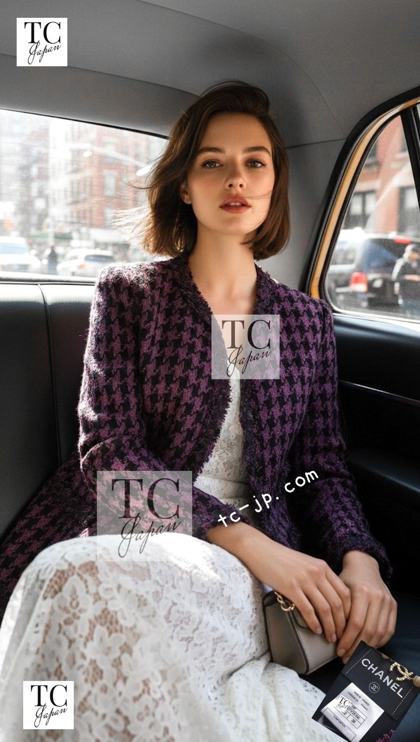 CHANEL 09S Purple Black Houndstooth Silk Tweed Jacket 38 シャネル パープル ブラック 千鳥柄 シルク ツイード ジャケット 即発