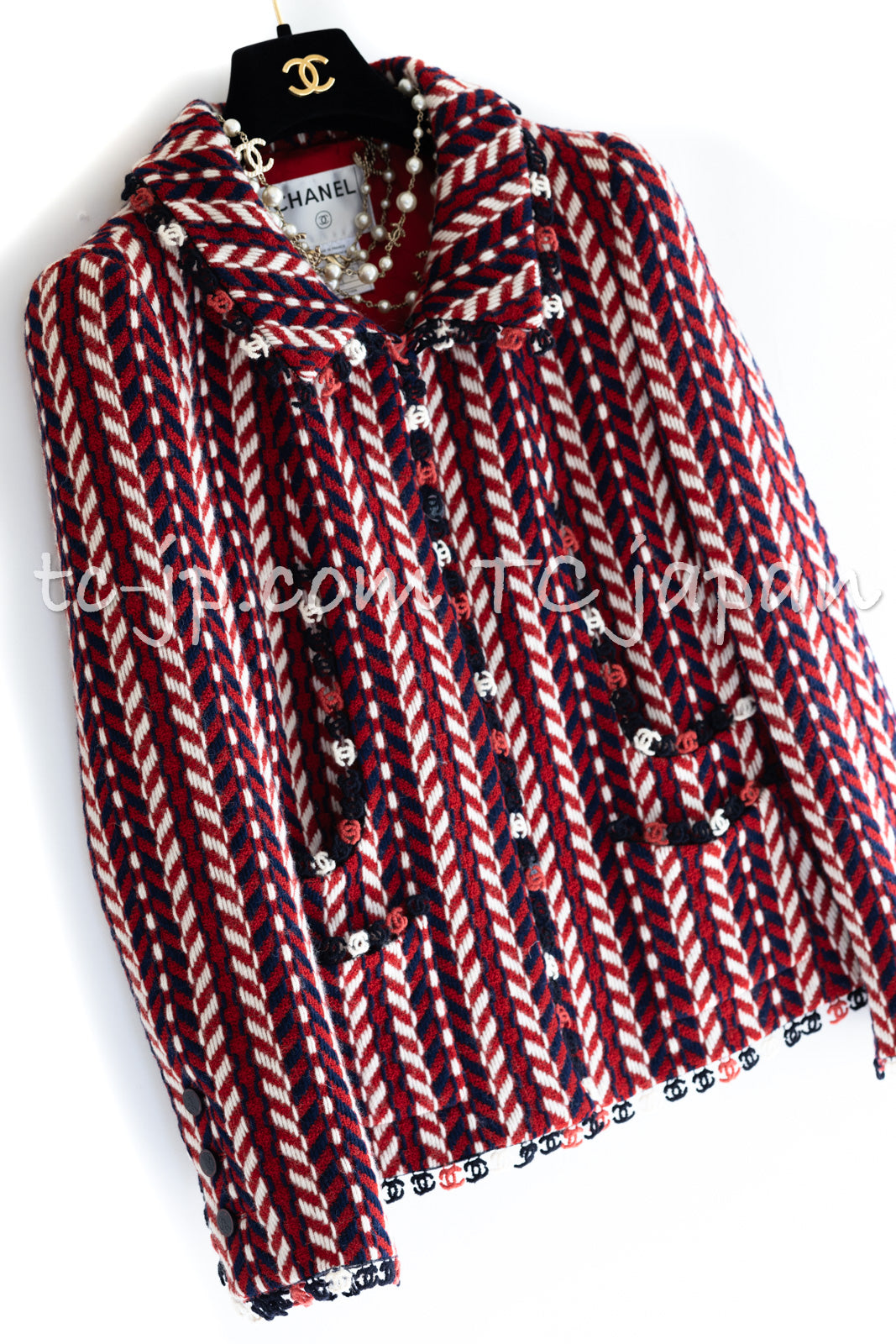 CHANEL 04A Red Navy Tricolore CC Logo Trim Wool Tweed Jacket Skirt Suit 38 ③シャネル レッド ネイビー トリコロール ウール ツイード ジャケット スカート スーツ 即発
