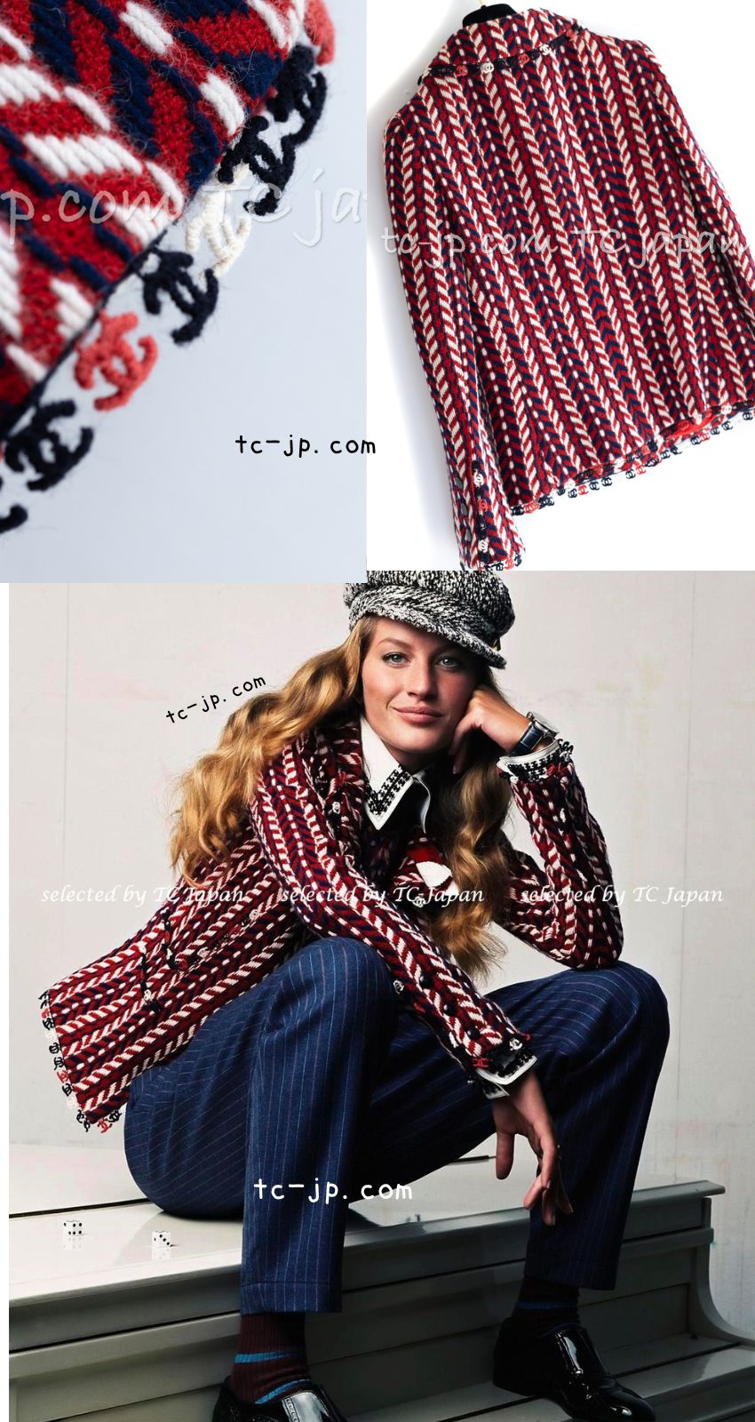 CHANEL 04A Red Navy Tricolore CC Logo Trim Wool Tweed Jacket Skirt Suit 38 ③シャネル レッド ネイビー トリコロール ウール ツイード ジャケット スカート スーツ 即発