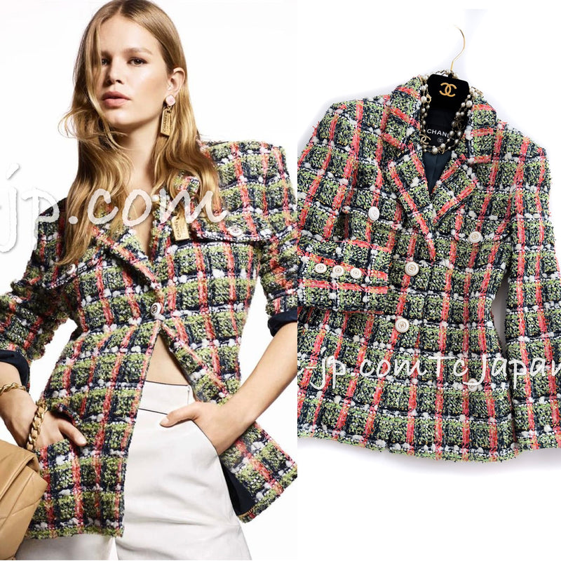 CHANEL 20C Green Orange Navy Mix Sequin Embellishments Tweed Jacket 38 シャネル グリーンオレンジ ネイビーミックスカラー スパンコール ツイード  ジャケット 即発