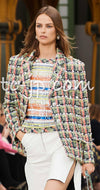 CHANEL 20C Green Orange Navy Mix Sequin Embellishments Tweed Jacket 38 シャネル グリーンオレンジ ネイビーミックスカラー スパンコール ツイード  ジャケット 即発
