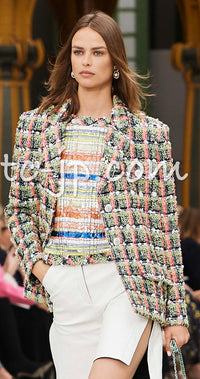 CHANEL 20C Green Orange Navy Mix Sequin Embellishments Tweed Jacket 38 シャネル グリーンオレンジ ネイビーミックスカラー スパンコール ツイード  ジャケット 即発
