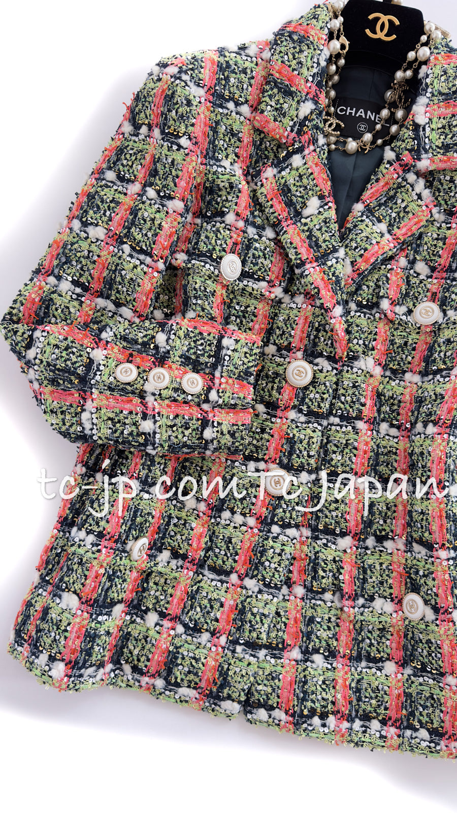 CHANEL 20C Green Orange Navy Mix Sequin Embellishments Tweed Jacket 38 シャネル グリーンオレンジ ネイビーミックスカラー スパンコール ツイード  ジャケット 即発