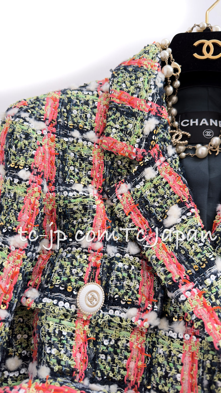 CHANEL 20C Green Orange Navy Mix Sequin Embellishments Tweed Jacket 38 シャネル グリーンオレンジ ネイビーミックスカラー スパンコール ツイード  ジャケット 即発