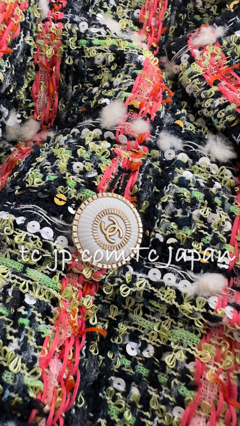 CHANEL 20C Green Orange Navy Mix Sequin Embellishments Tweed Jacket 38 シャネル グリーンオレンジ ネイビーミックスカラー スパンコール ツイード  ジャケット 即発