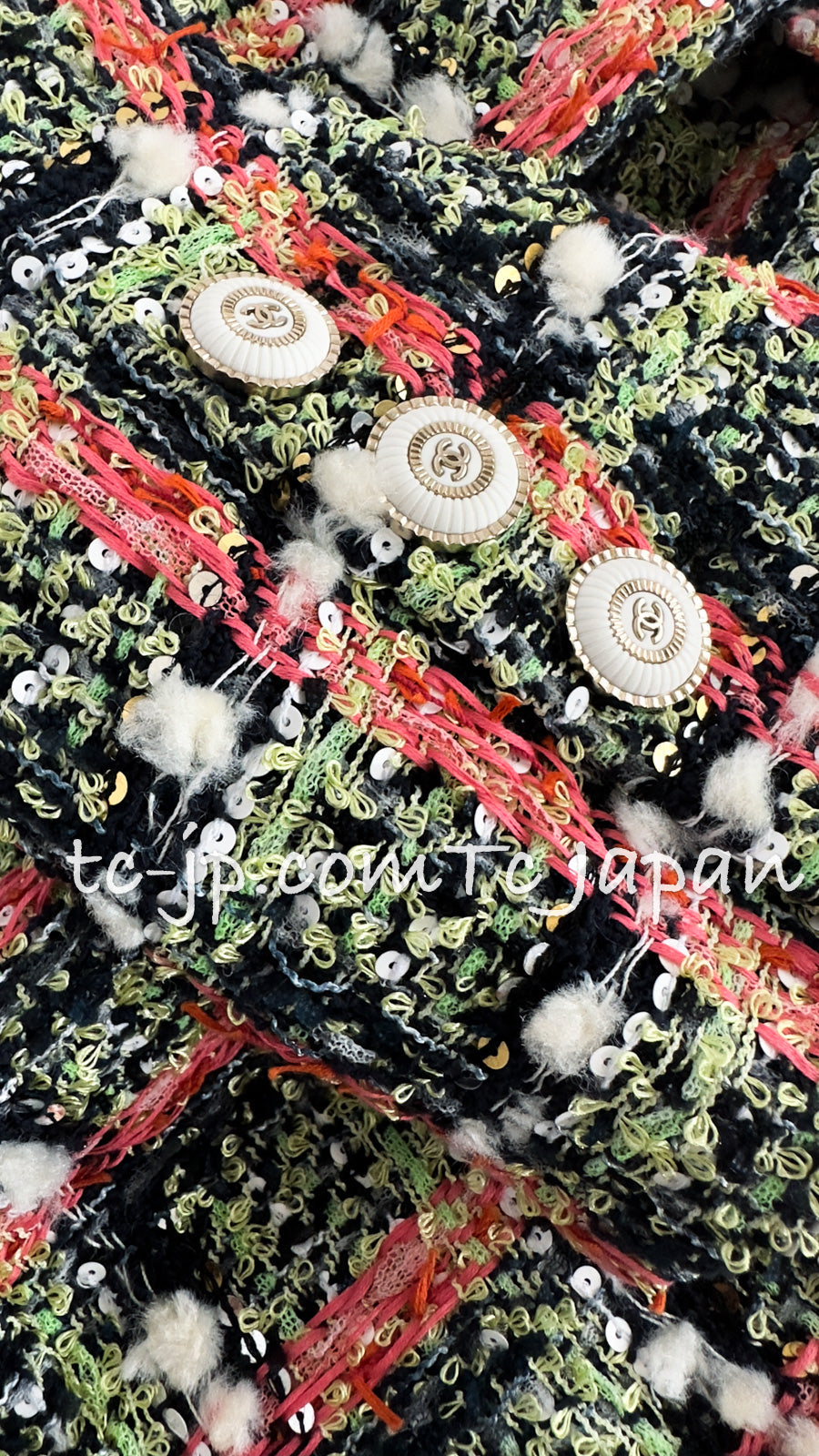 CHANEL 20C Green Orange Navy Mix Sequin Embellishments Tweed Jacket 38 シャネル グリーンオレンジ ネイビーミックスカラー スパンコール ツイード  ジャケット 即発