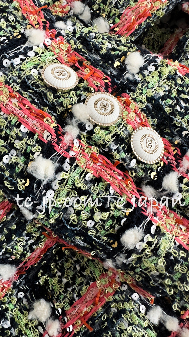 CHANEL 20C Green Orange Navy Mix Sequin Embellishments Tweed Jacket 38 シャネル グリーンオレンジ ネイビーミックスカラー スパンコール ツイード  ジャケット 即発