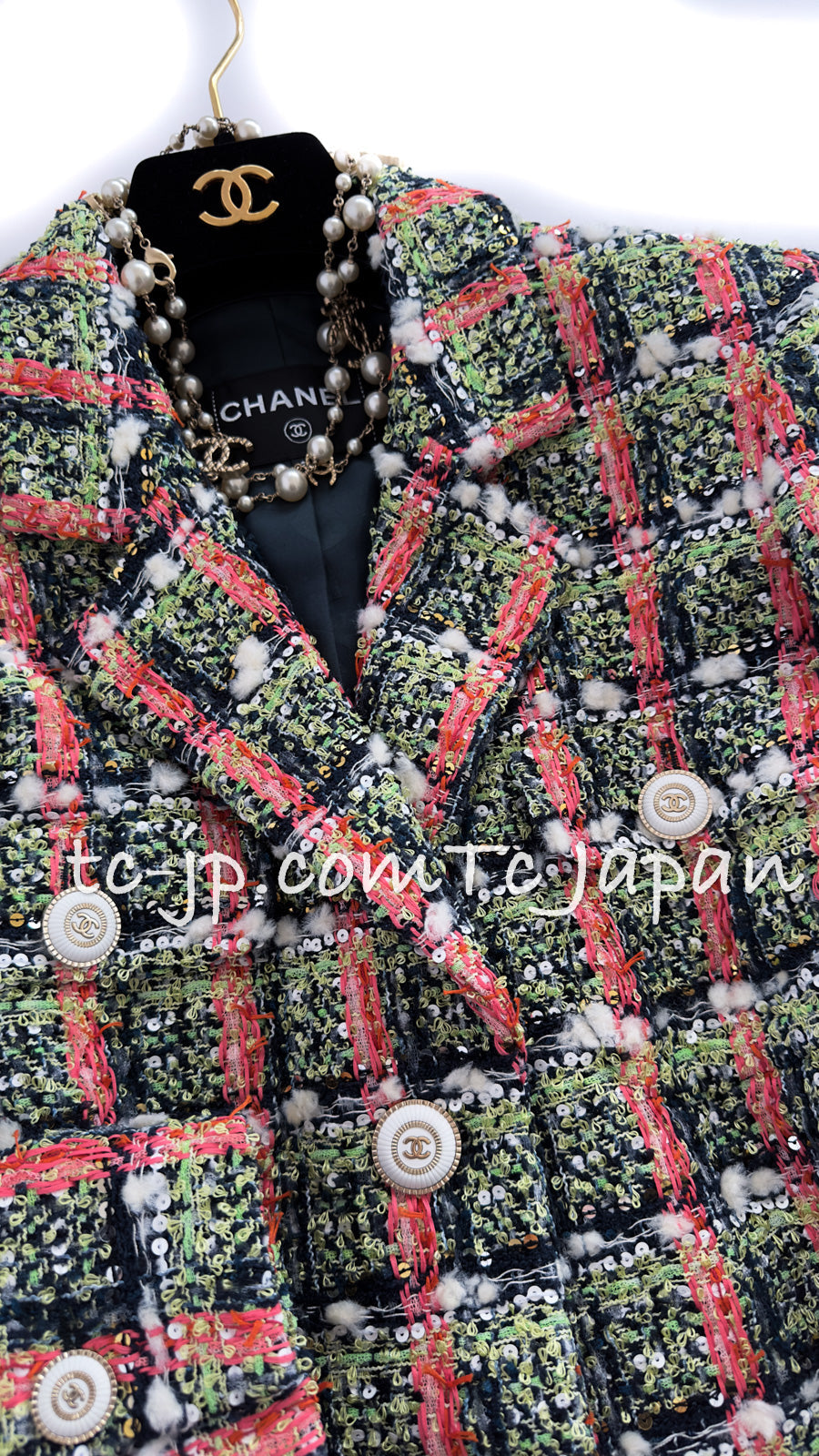 CHANEL 20C Green Orange Navy Mix Sequin Embellishments Tweed Jacket 38 シャネル グリーンオレンジ ネイビーミックスカラー スパンコール ツイード  ジャケット 即発