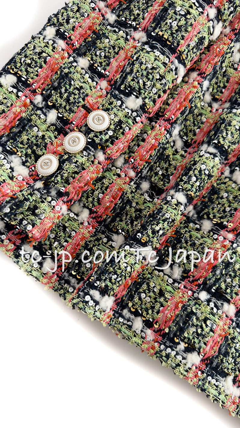 CHANEL 20C Green Orange Navy Mix Sequin Embellishments Tweed Jacket 38 シャネル グリーンオレンジ ネイビーミックスカラー スパンコール ツイード  ジャケット 即発