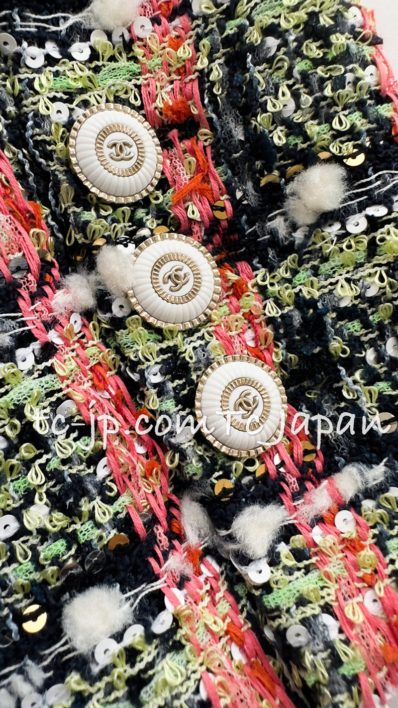 CHANEL 20C Green Orange Navy Mix Sequin Embellishments Tweed Jacket 38 シャネル グリーンオレンジ ネイビーミックスカラー スパンコール ツイード  ジャケット 即発