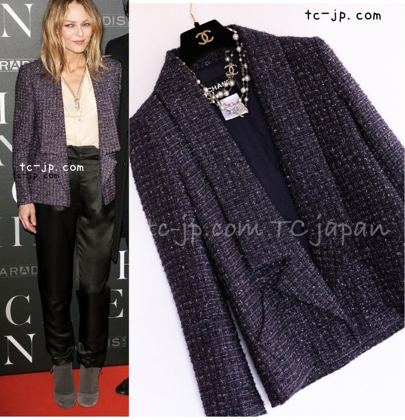 CHANEL 14B Navy Purple Metallic Tweed Jacket 36 38 シャネル ネイビー パープル メタリック ツイード ジャケット 即発