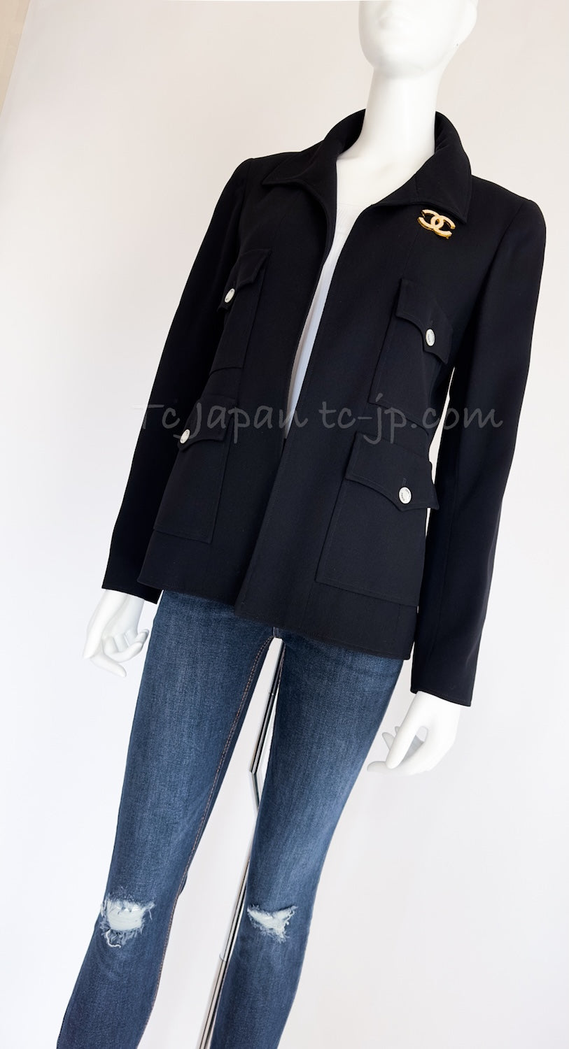 CHANEL 97S Vintage Black Wool 100% Minimalistic Mother of Pearl Button Jacket 38 シャネル ヴィンテージ ブラック ウール100% ミニマリスト マザー オブ パール ボタン ジャケット 即発 - TC JAPAN