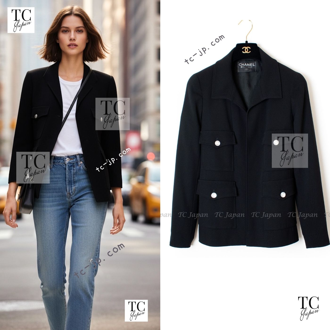 CHANEL 97S Vintage Black Wool 100% Minimalistic Mother of Pearl Button Jacket 38 シャネル ヴィンテージ ブラック ウール100% ミニマリスト マザー オブ パール ボタン ジャケット 即発