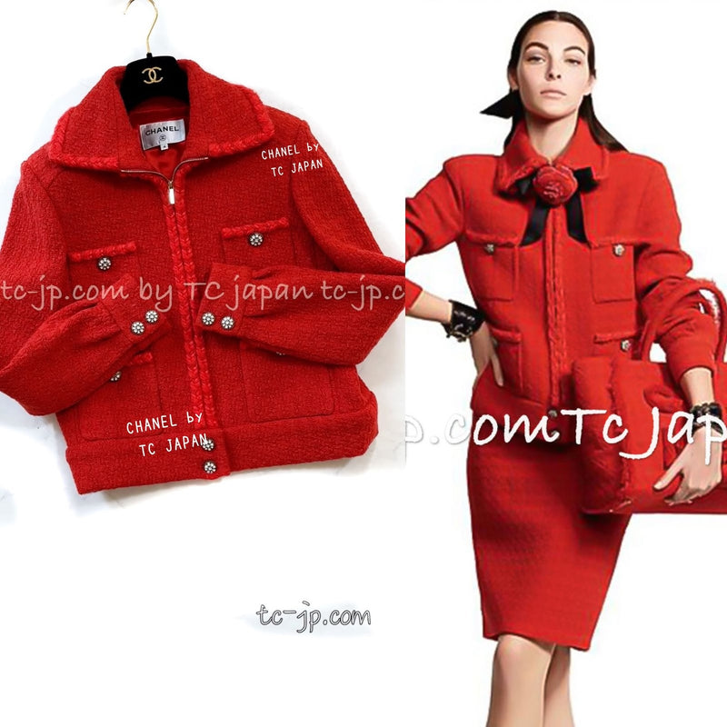 CHANEL 19A Coral Red Zipper Wool Tweed Coat Jacket 36 38 42 シャネル コーラル レッド ジッパー ウール ツイード コート ジャケット 即発