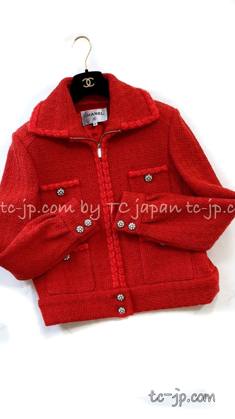 CHANEL 19A Coral Red Zipper Wool Tweed Coat Jacket 36 38 42 シャネル コーラル レッド ジッパー ウール ツイード コート ジャケット 即発