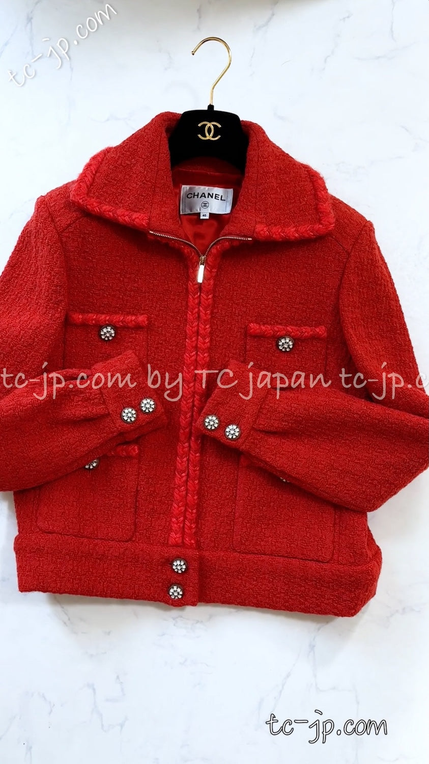 CHANEL 19A Coral Red Zipper Wool Tweed Coat Jacket 36 38 42 シャネル コーラル レッド ジッパー ウール ツイード コート ジャケット 即発