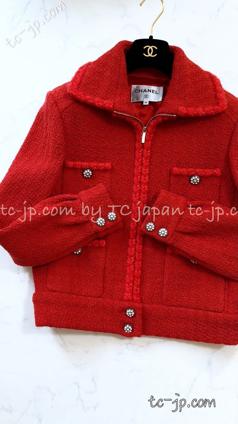CHANEL 19A Coral Red Zipper Wool Tweed Coat Jacket 36 38 42 シャネル コーラル レッド ジッパー ウール ツイード コート ジャケット 即発